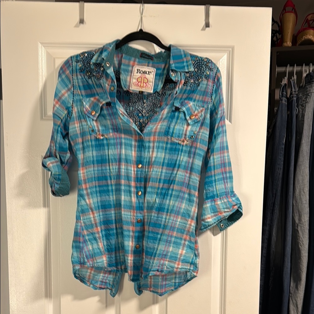Roxy Blue Plaid Button-Up Shirt